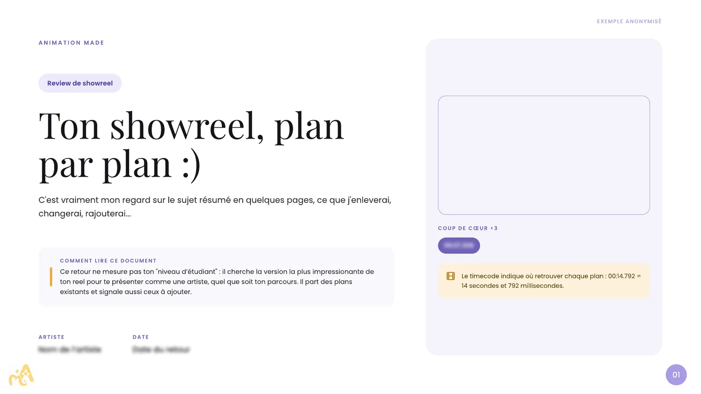 Review de showreel anonymisée, page 1 : comment lire le retour