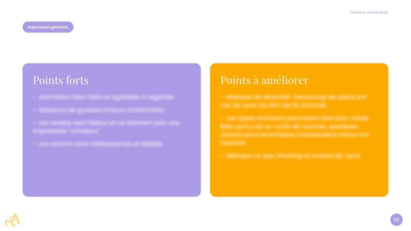 Review de showreel anonymisée, page 2 : impression générale, points forts et points à améliorer
