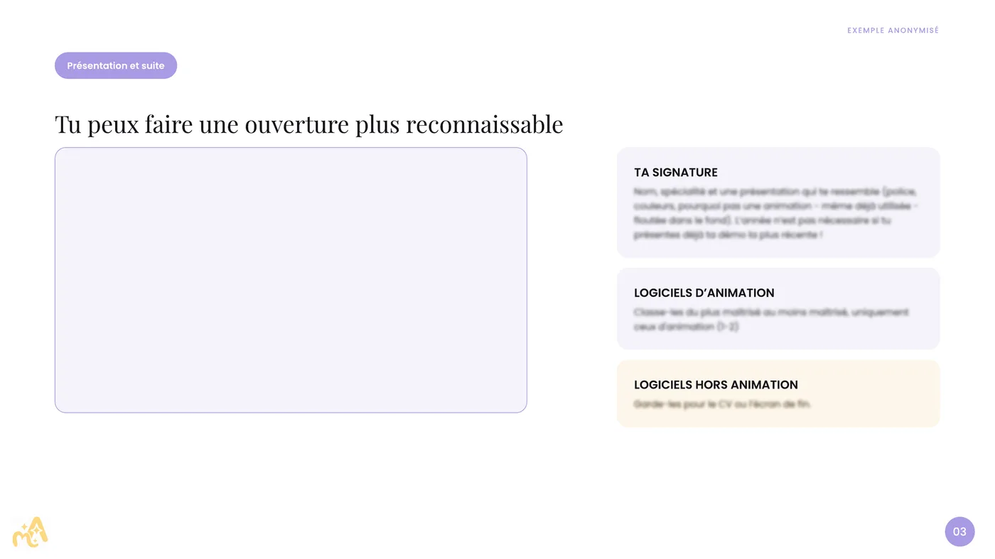 Review de showreel anonymisée, page 3 : présentation et ouverture du reel