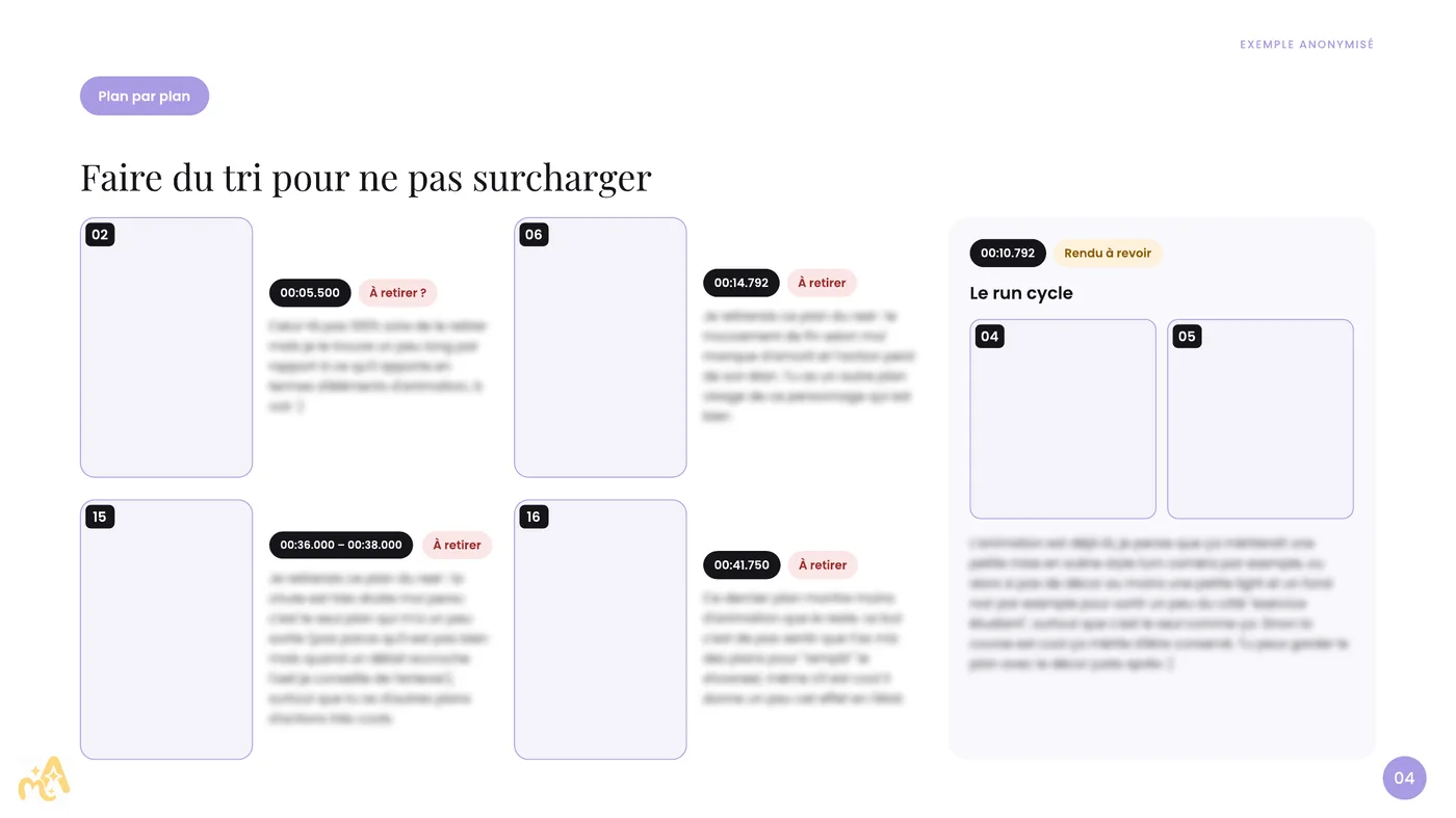 Review de showreel anonymisée, page 4 : retours plan par plan avec timecodes