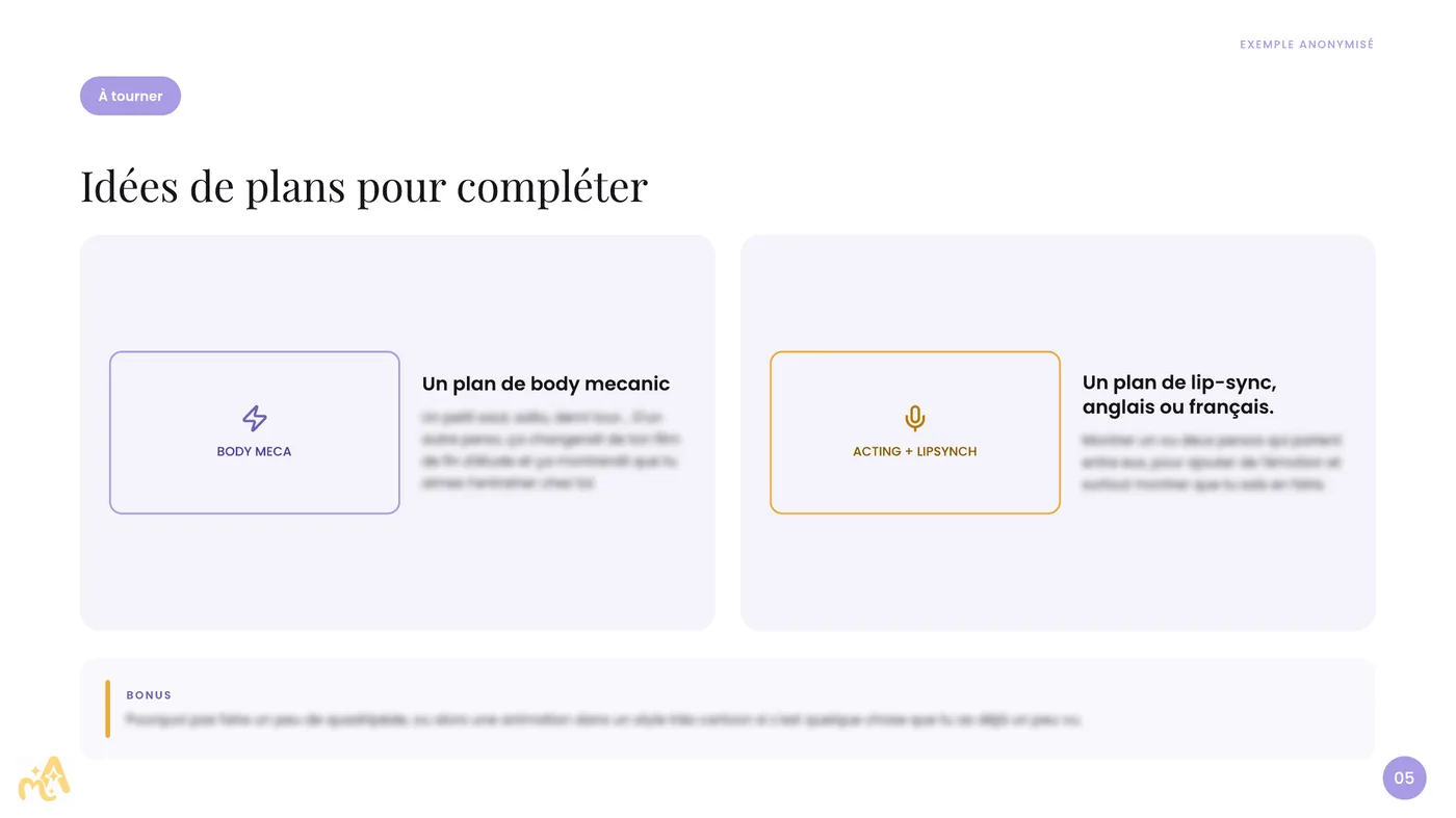 Review de showreel anonymisée, page 5 : idées de plans à ajouter